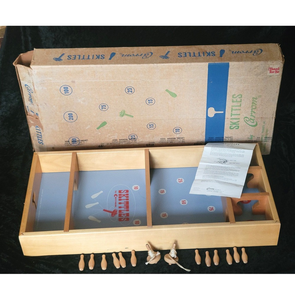 Vtg Carrom Skittles Game N25 Bowling Spinning COMPLETE 12 Pins Boxed 1960s EXC